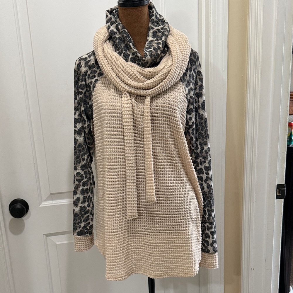 My Story Waffle Knit Cream and Gray Leopard Cowl Neck Sweater M/L